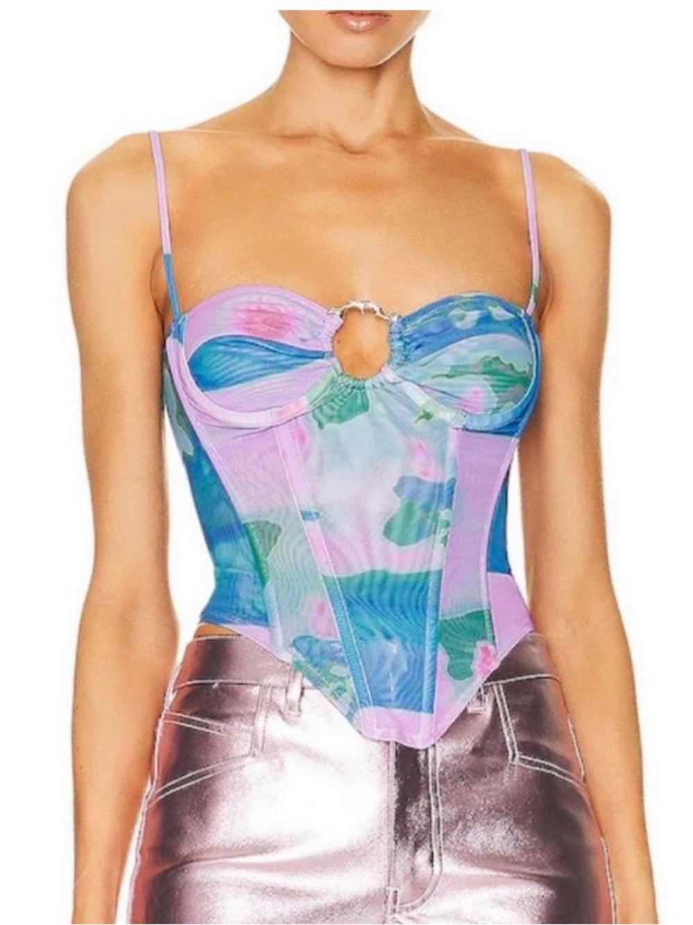 Miaou Pastel Lavender and Aqua Floral Mesh Corset Camisole